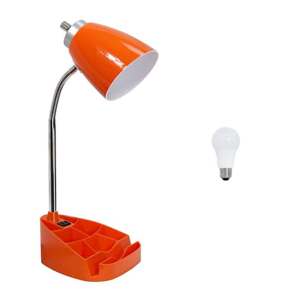 Simple Designs 18.5 in. Organizer Gooseneck Desk Lamp with iPad Tablet Stand Book Holder and Charging Outlet, with LED Bulb, Orange