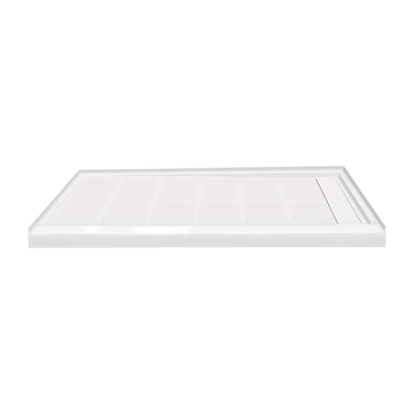 Woodbridge Krasik 60 in. L x 30 in. W Alcove Solid Surface Shower Pan Base with Left Drain in White with Chrome Cover, White with Chrome Drain Cover