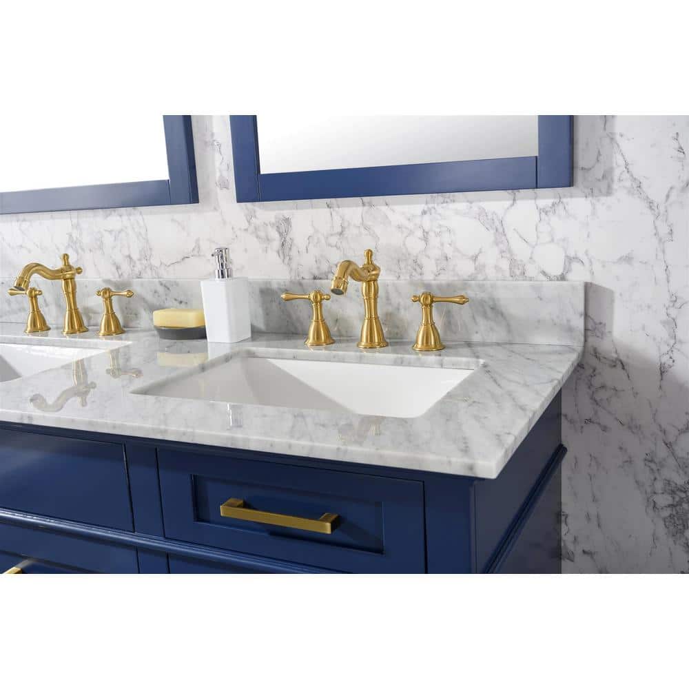 54 in. Navy Blue Double Sink Vanity with Carrara White Marble Top