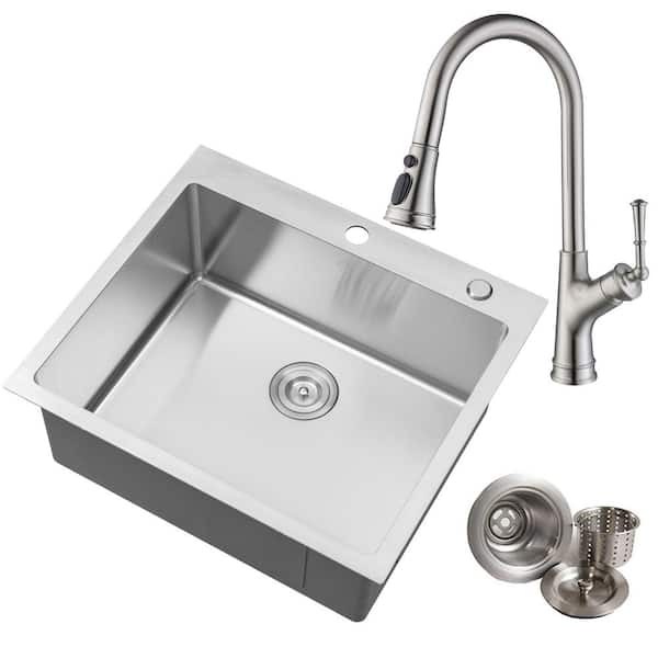 eModernDecor Topmount 16-Gauge Stainless Steel 25 in. x 22 in. x 10 in. Single Bowl Drop-In Kitchen SinkFaucetStrainer