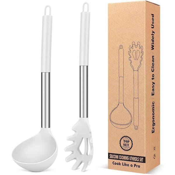 Silicone Pasta Fork and Ladle Spoon Set, Large Non Stick Kitchen Utensils for Cooking, Stirring, Soupand Sauce, White