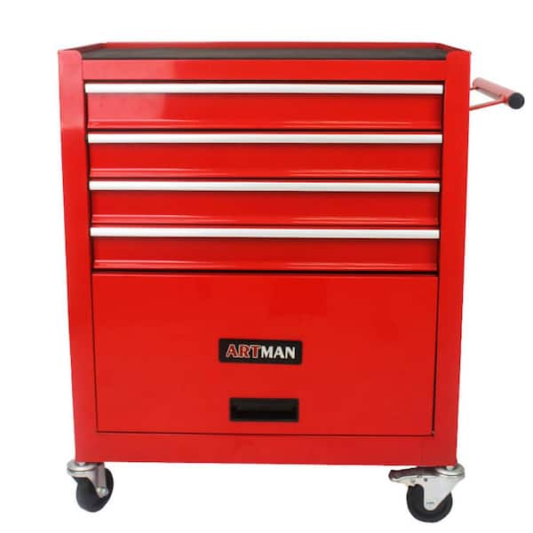 4-Tier Metal 4-Wheeled Multi-Functional Cart in Red with Handle