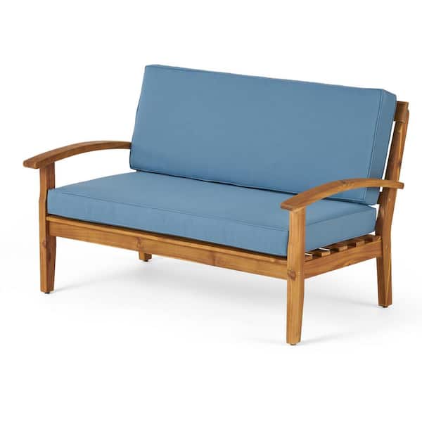 Zeus & Ruta Brown 2-Piece Acacia Wood Patio Conversation Sectional Seating Set with Blue Cushions and Coffee Table