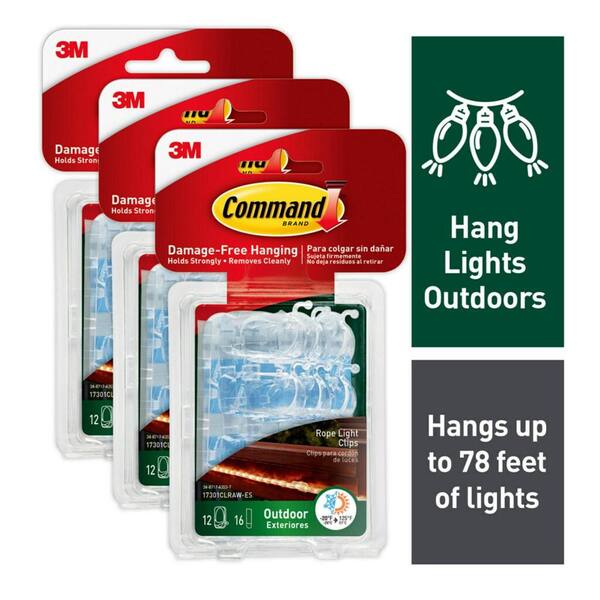 Clear Outdoor Rope Light Clips (36 Hooks, 48 Water Resistant Strips) (3-Pack)
