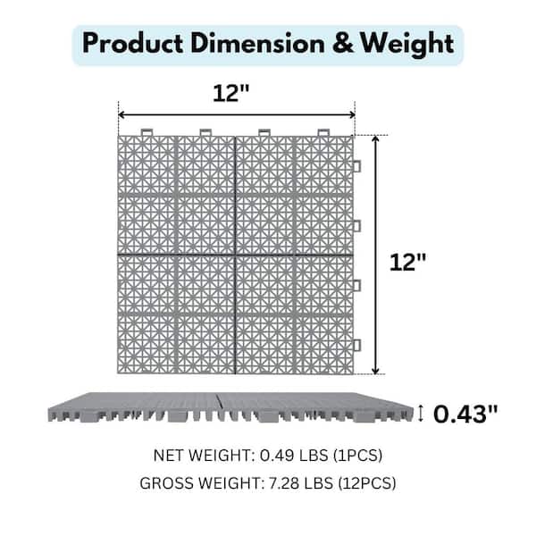 1 ft. x 1 ft. Anti-Slip Plastic Deck Tile in Gray (12-Piece), Rosette Pattern