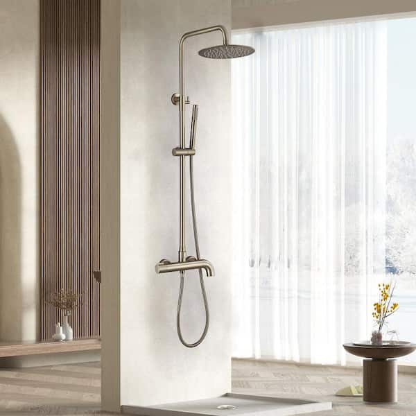 3-Spray Round Wall Bar Shower Kit with 180° Rotation Tub and Hand Shower in Brushed Gold (Valve Included)