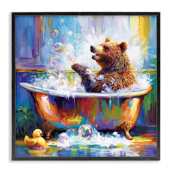 Happy Bear in Bathtub by Leon Devenice Black Framed Animal Giclee Art Print 12 in. x 12 in.