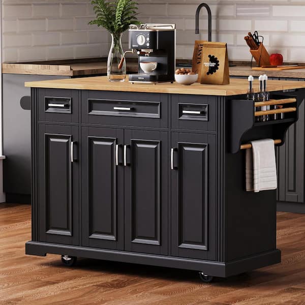 FAMYYT Embossed Texture Black Drop Leaf Rubber Wood Tabletop 54 in. Kitchen Island with Adjustable Shelves and Wheels