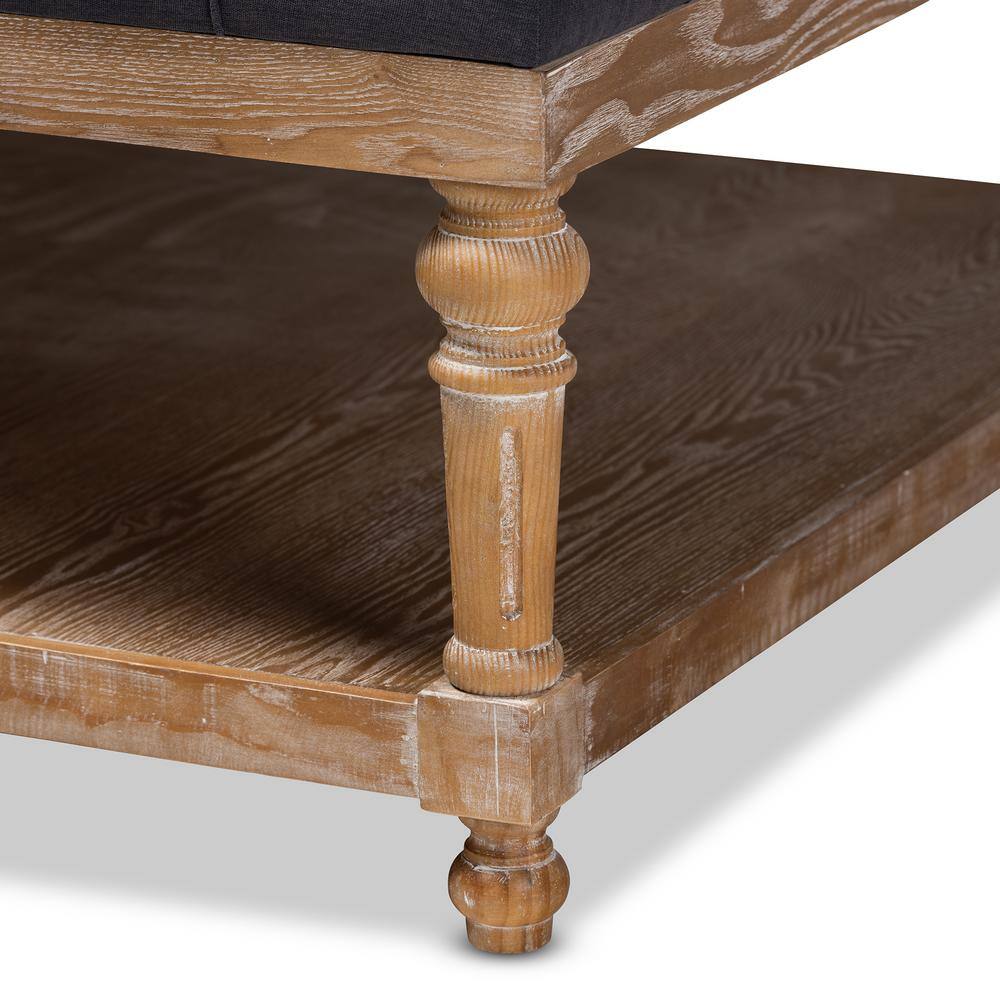 Kelly Charcoal Linen and Greywashed Wood 38" Tufted Cocktail Ottoman