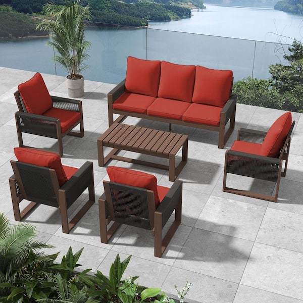 6-Piece Hemlock Wood Wicker Outdoor Patio Conversation Set with Sofa, Lounge Chairs and Coffee Table Red Cushions