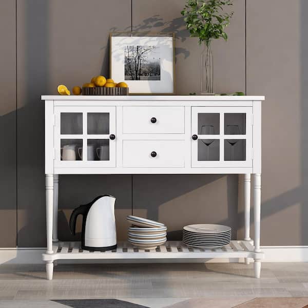 Polibi 42 in. White Rectangle Wood Console Table with Bottom Shelf, Farmhouse Wood/Glass Buffet Storage Cabinet