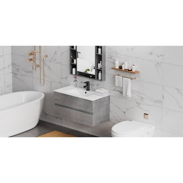 36 in. W x 18.1 in. D x 18.1 in. H Single Sink Gray Bath Vanity in White Ceramic Top and Drain Faucet Set