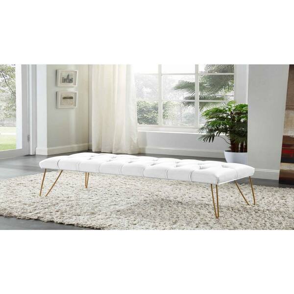 white velvet tufted bench