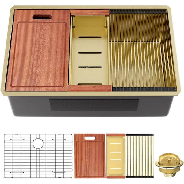 32 in. Undermount Single-Bowl 16-Gauge Gold Stainless Steel Kitchen Sink with Cutting Board, Colander