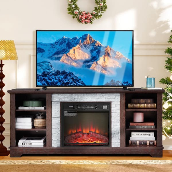 58.31 in. Freestanding TV Stand with 18 in. Electric Fireplace Insert, for TVs up to 65 in., Cherry, Faux Stone Surround