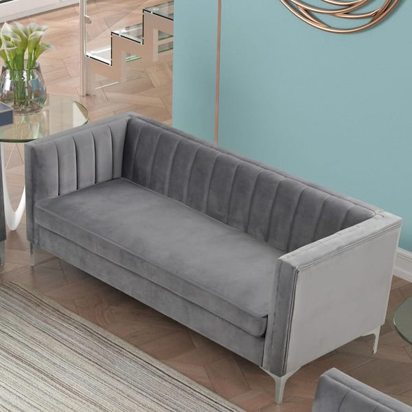 Morden Fort HomeDepot Collection 71 in. Wide Square Arm Velvet Mid-Century Square Sofa with Channel Tufted 3-Seater Couch in Gray