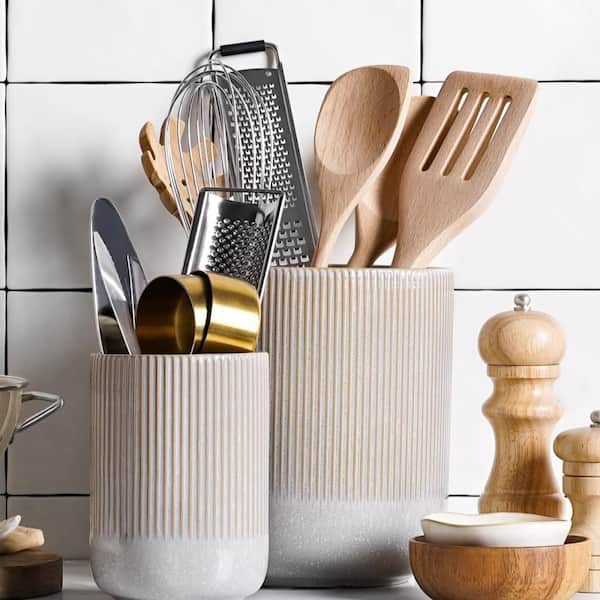 2-Set Ceramic Kitchen Utensil Holder for Countertop, Counter Decor, 7.3 in. and 5.4 in. Cooking Utensil Crocks, Gray