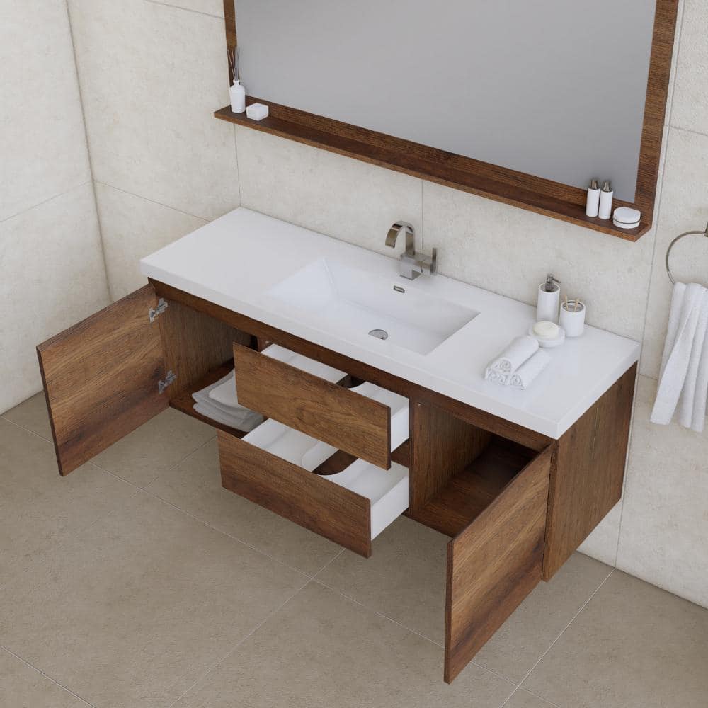60" Rosewood MDF Floating Vanity with White Solid Surface Sink