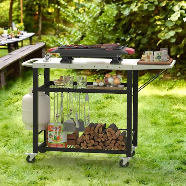 LUE BONA Black 3-Shelf Movable Outdoor Grill Carts Table Stainless Steel Cart Foldable Flattop Outdoor Working Table