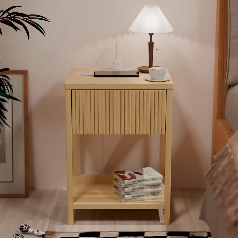 Modern Natural 1 Drawer 2-Tier Nightstand with Open Shelf and Charging Station
