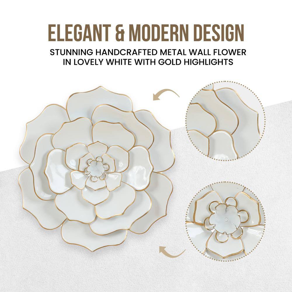 24-Inch White and Gold Iron Flower Wall Sculpture