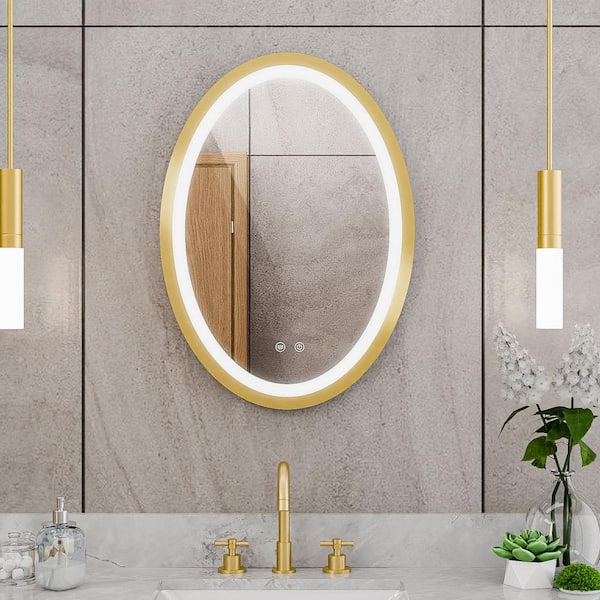 Brilliance 20 in. W x 28 in. H Oval Frameless Light-up Wall Mounted Bathroom Vanity Mirror in Brushed Brass
