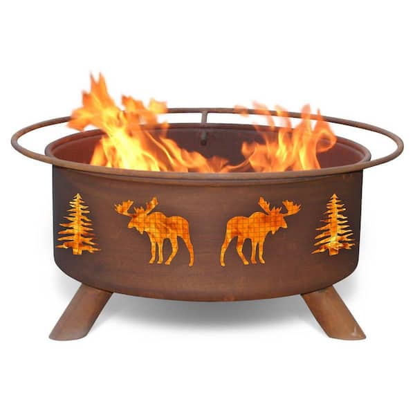 Moose and Trees 29 in. x 18 in. Round Steel Wood Burning Fire Pit