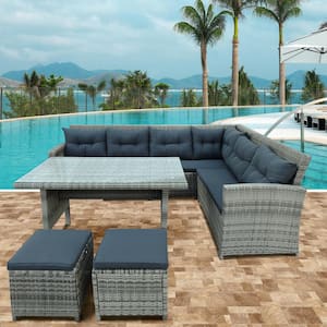 6-Piece Gray Patio Furniture Set Outdoor Sectional Sofa with Glass Table, Ottomans for Pool, Backyard, Lawn