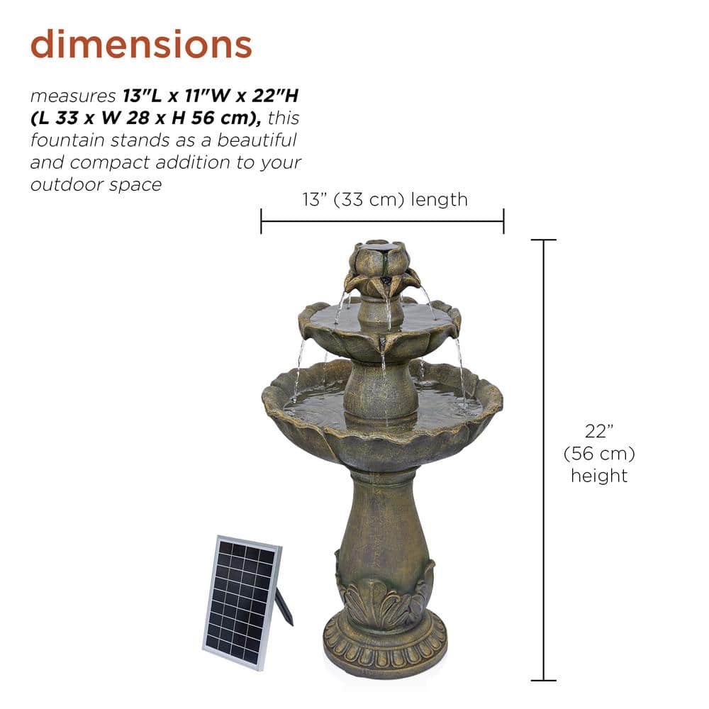 34" Tan Polyresin Solar Flower Style Tiered Fountain