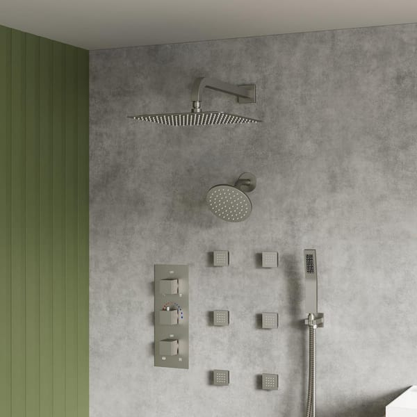 YAWWALK Thermostatic 8-Spray 12 and 6 in. Wall Mount Dual Shower Head and Handheld Shower Head with 6-Jets in Brushed Nickel