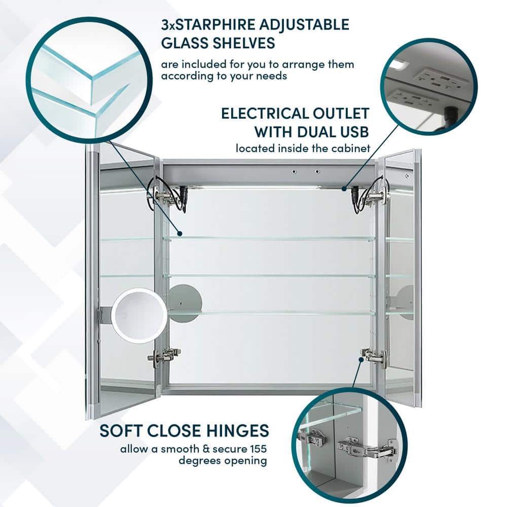 Signature Royale Aluminum LED Medicine Cabinet with Defogger and Clock