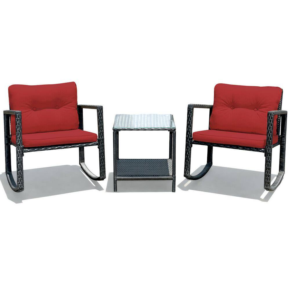 Outdoor 3 Pieces Rattan Rocking Chair Set With Red Cushions