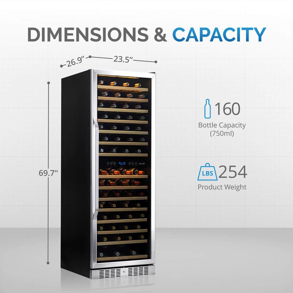Stainless Steel Dual Zone 160 Bottle Wine Cooler with LED Lighting