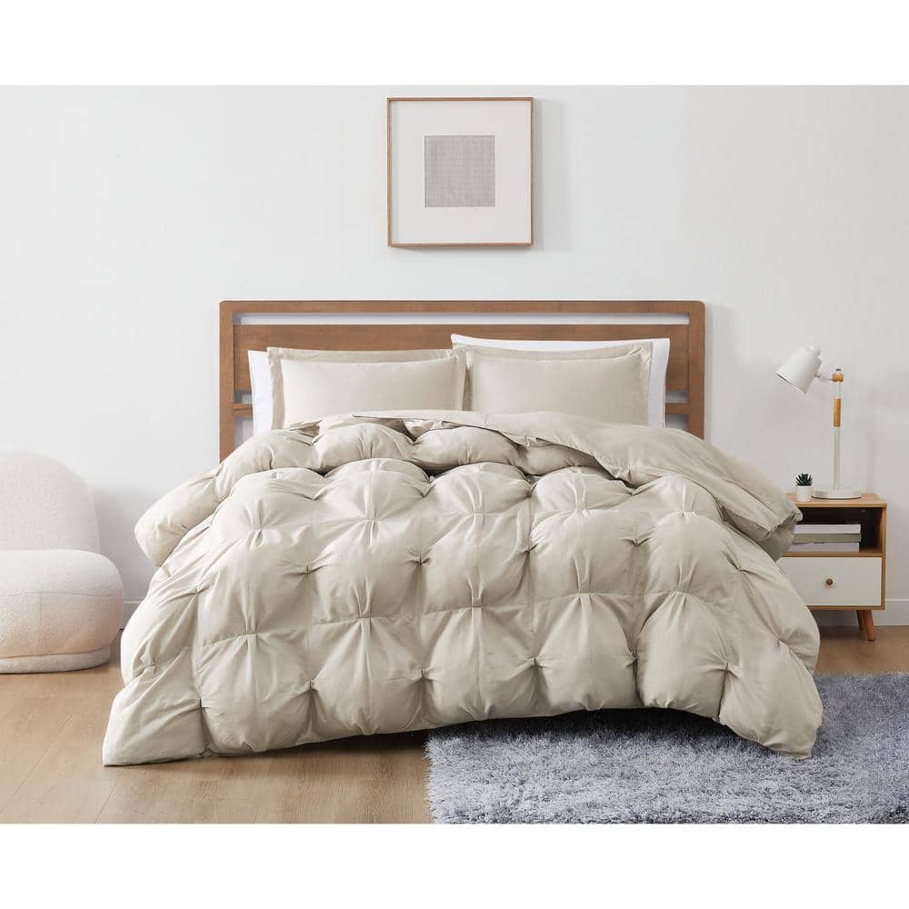 Beige King Microfiber Puffer Comforter Set