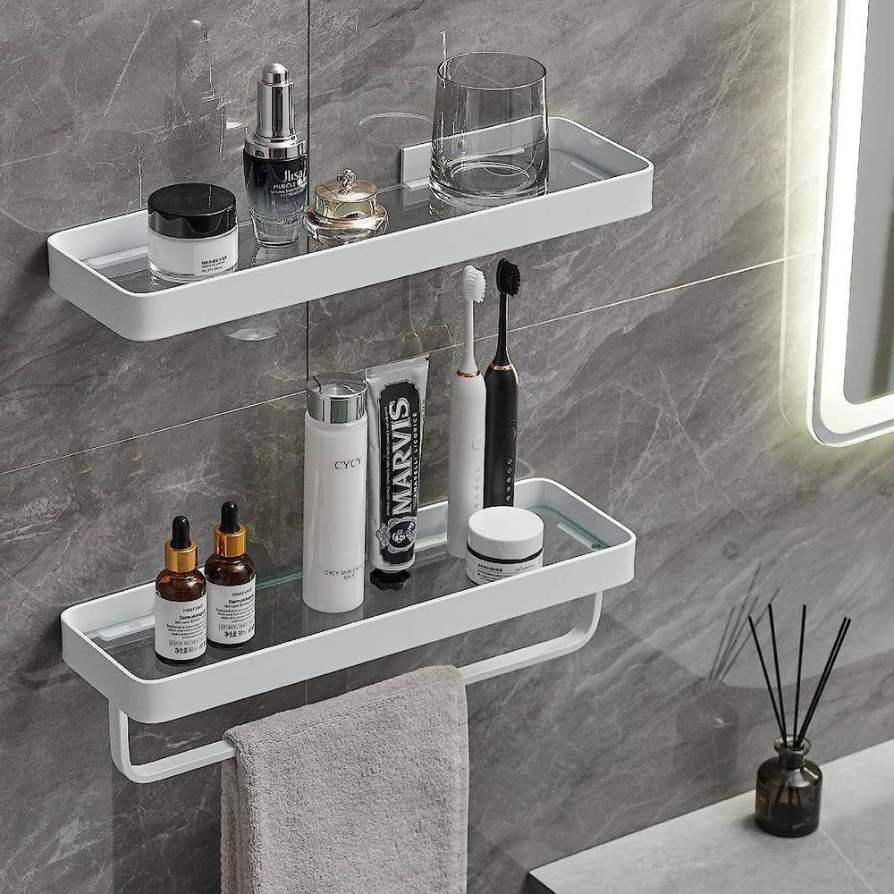 16.9 in. W x 5.9 in. D x 16.9 in. H Retro White 2 Tier Metal Bathroom  Shelves Wall Mounted with Towel Bar