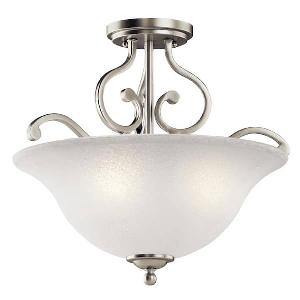 KICHLER Camerena 18 in. 3-Light Brushed Nickel Hallway Traditional Semi-Flush Mount Ceiling Light with White Scavo Glass