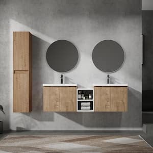 59.2 in. Double Sink Floating Imitative Oak Bath Vanity with White Resin Top, Open Shelf, 2 Side Cabinets Unassembled