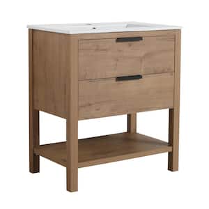 SCHAT 18 in. W x 30 in. D x 34 in. H Freestanding Bath Vanity in Imitative Oak with White Ceramic Top and Drawers