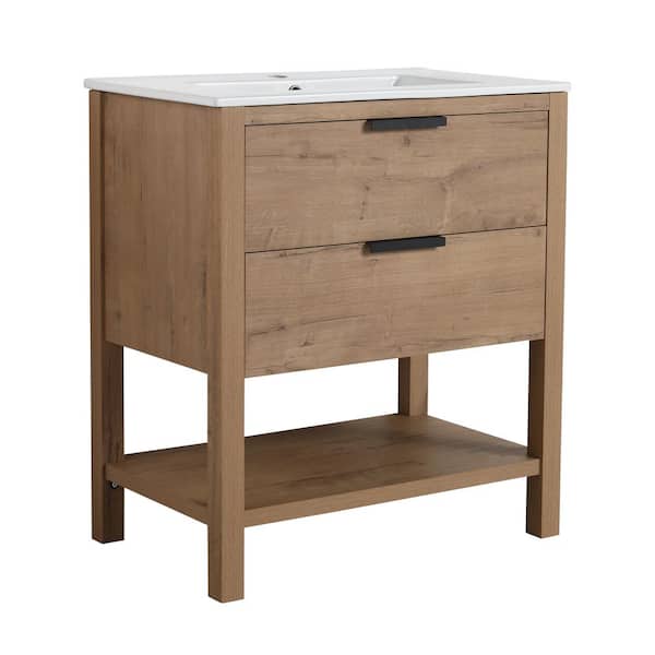 MYCASS SCHAT 18 in. W x 30 in. D x 34 in. H Freestanding Bath Vanity in Imitative Oak with White Ceramic Top and Drawers