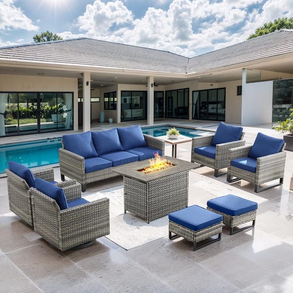 U-Weave 8-Piece Gray Wicker Outdoor Rectangular Fire Pit Conversation Set with Blue Cushions and Swivel Rocking Chairs
