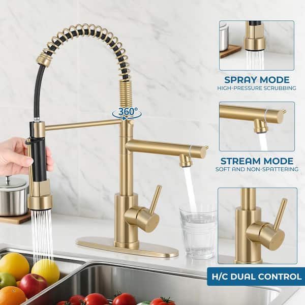 Single Handle Pull Down Sprayer Kitchen Faucet 360 Degree Spout Swivel with Pull Out Spray in Brushed Gold