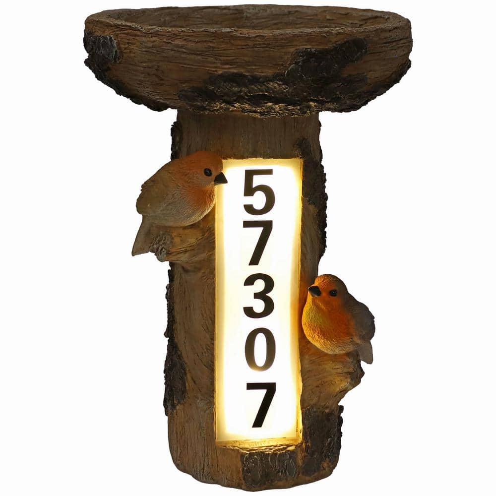 Rustic Brown Polyresin Tree Stump Bird Bath with Solar LED Address Plate