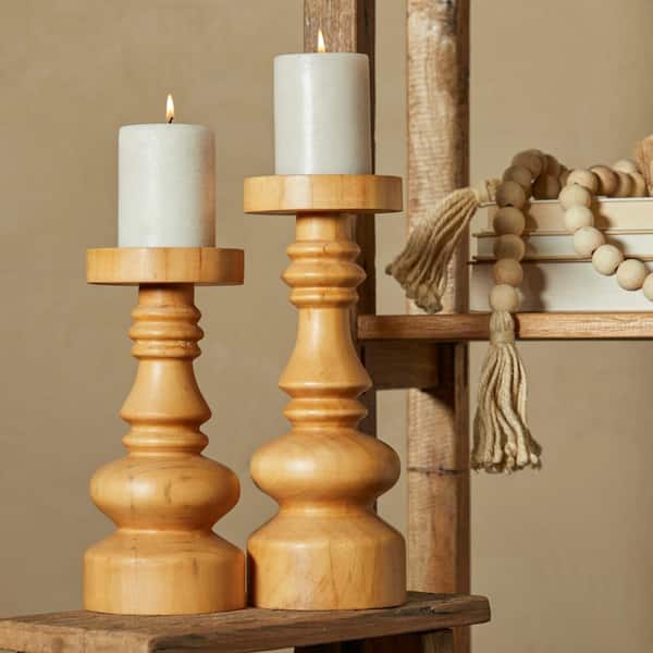 Brown Wood Round Turned Style Pillar Candle Holder (Set of 2)