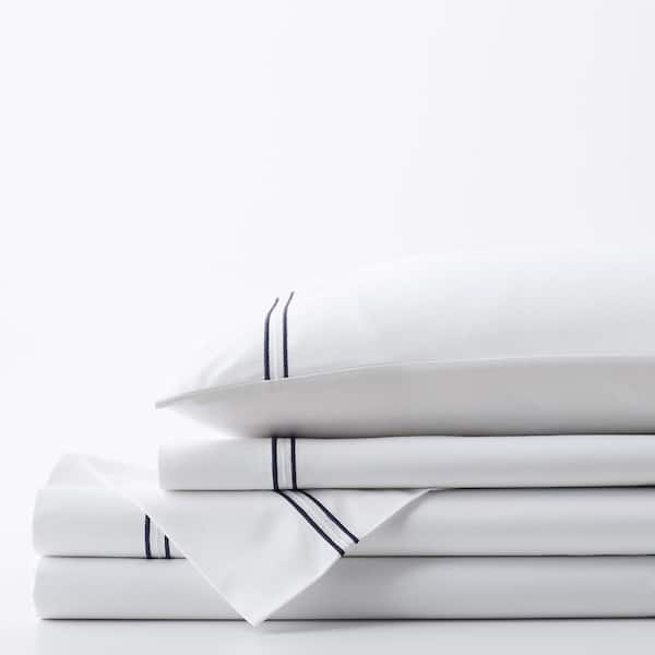 The Company Store Legends Hotel Dorset Stripe 4-Piece Blue Embroidered 600-Thread Count Egyptian Cotton Sateen Queen Sheet Set