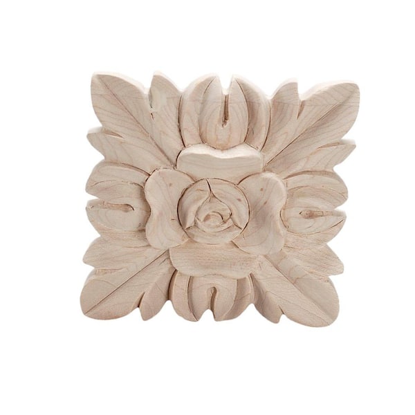 American Pro Decor 3-3/4 in. x 3-3/4 in. x 7/8 in. Unfinished Hand Carved North American Solid Hard Maple Wood Onlay Floral Wood Applique