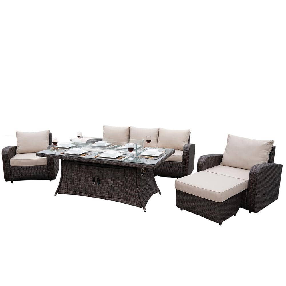 DIRECT WICKER Strathmere Brown 5-Piece Wicker Patio Conversation Set with Beige Cushions -  DWG-1516R-NT