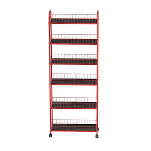 6-Tier Metal Rolling Cart, Slim Slide Out Storage Tower Wire Rack on Wheels in Red - 22.8 in. W x 10 in. D x 61 in. H