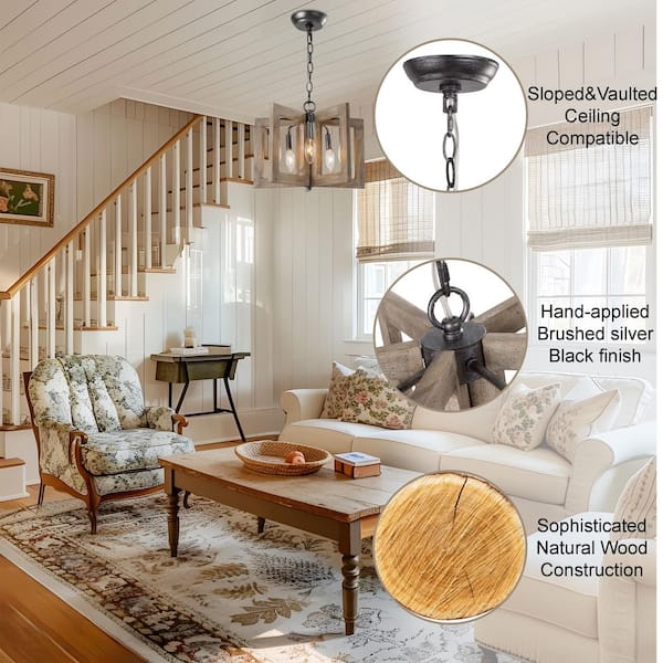 Farmhouse 5-Light Brown Natural Wood Pendant Light, Rustic Island Ceiling Light with Geometric Cage for Dining Room