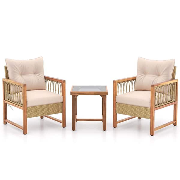 Costway 3-Piece Wicker Patio Conversation Bistro Set with Beige Cushions