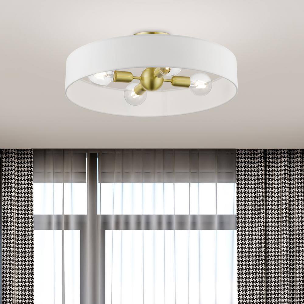 Satin Brass and White 4-Light Drum Semi-Flush Mount